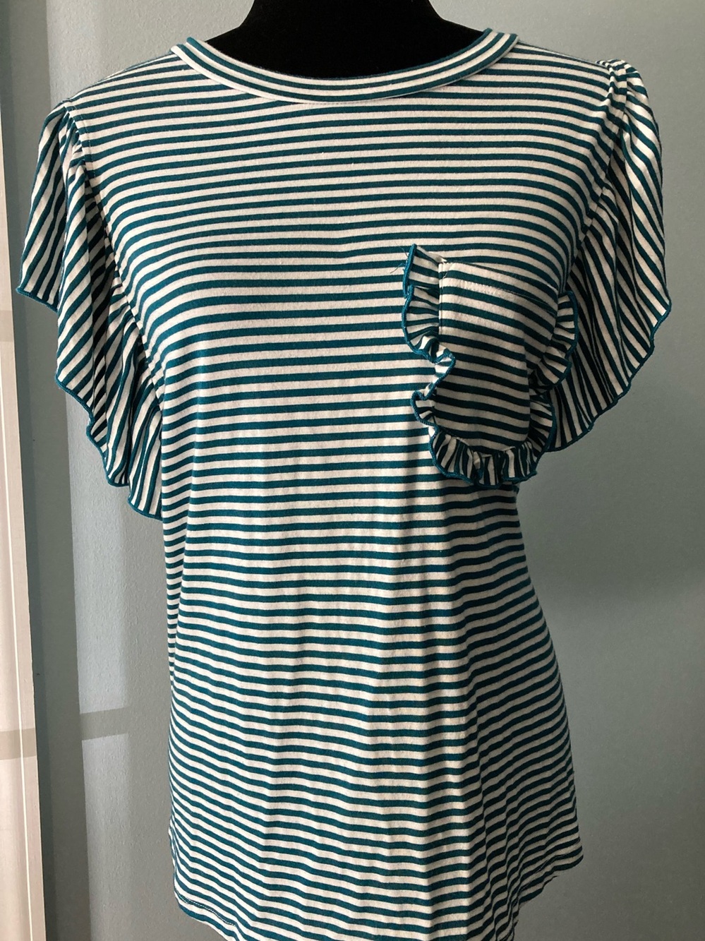 Ces Femme Ruffle Sleeve Tee Striped Top Summer Top